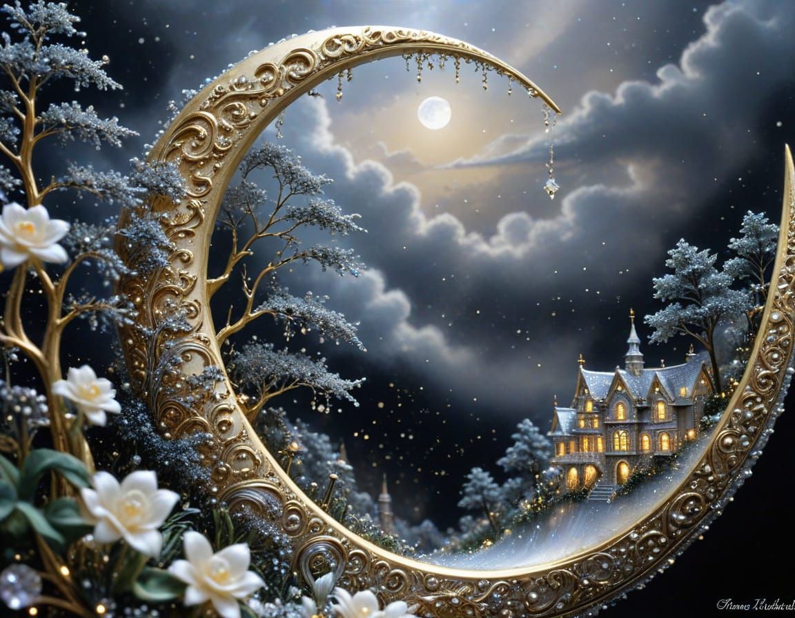 Golden Moon with Silver City, Pearls, Diamonds
