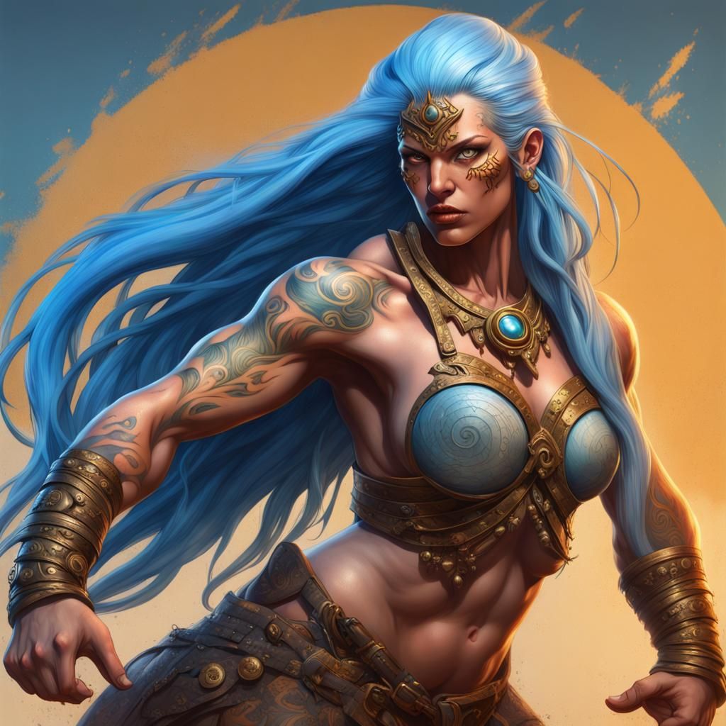 Goliath Barbarian Goddess with Blue Hair, Hyperrealistic Art