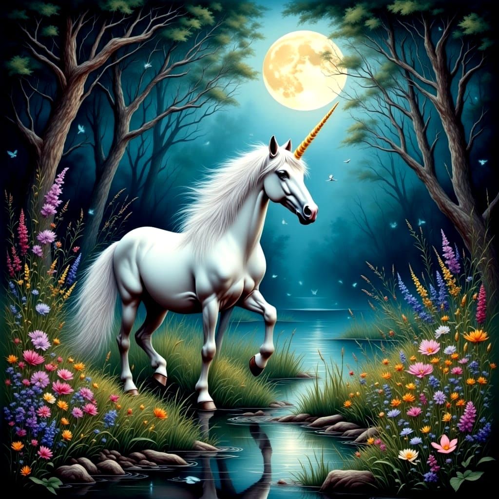 Moonlit Unicorn in Antique Watercolor Style