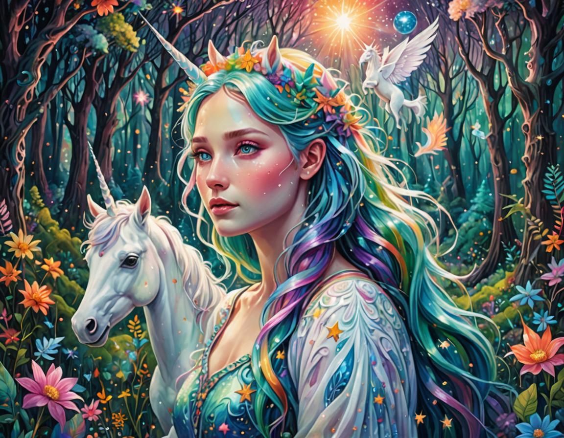 Rainbow Fairy and Unicorn in Visionary Style