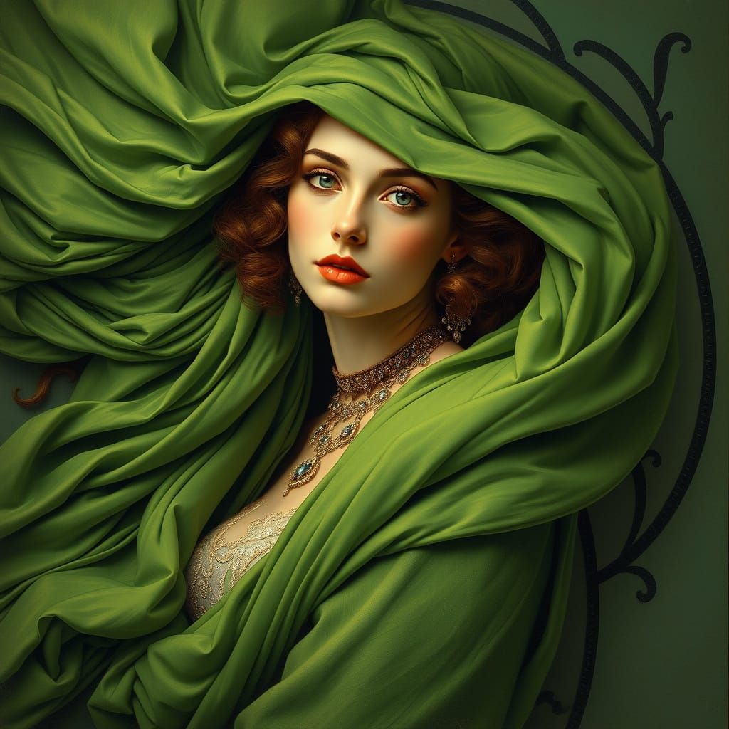 Art Nouveau Portrait: Elegant Subject with Flowing Verdant F...