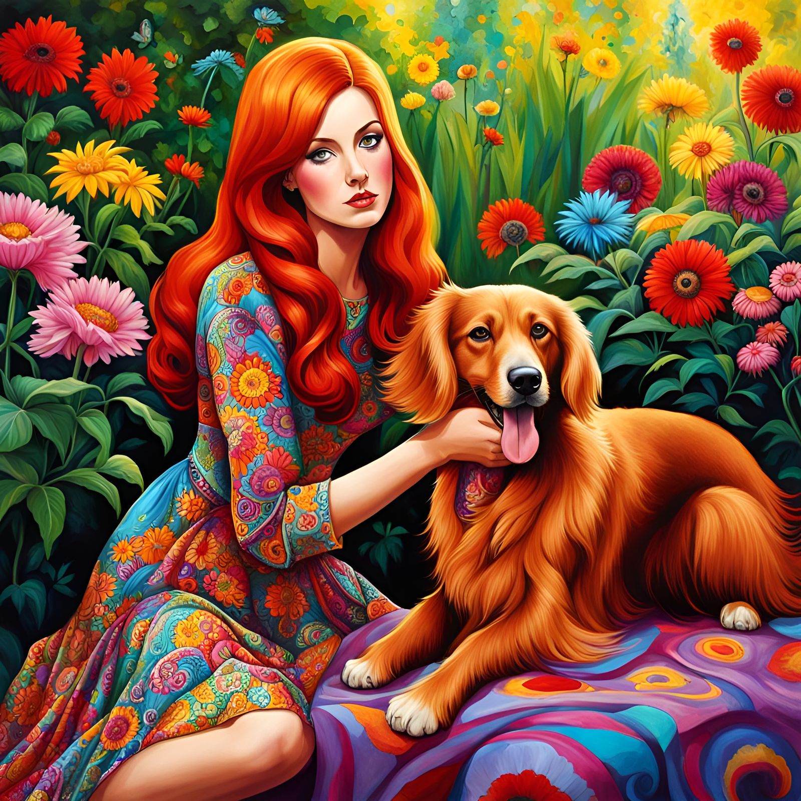 Girl Petting Dog in Psychedelic 70s Style
