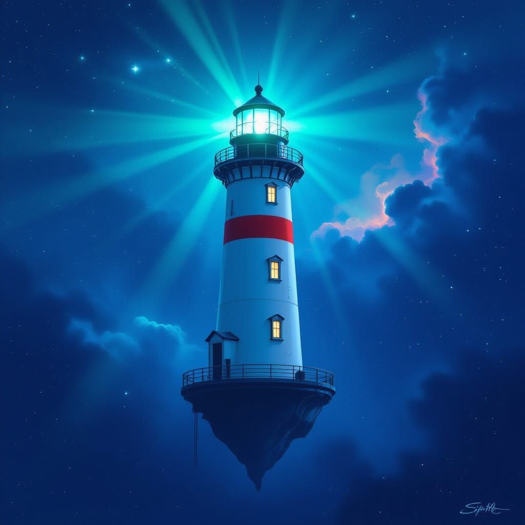 Space Lighthouse with Blue Beacon in Galaxy