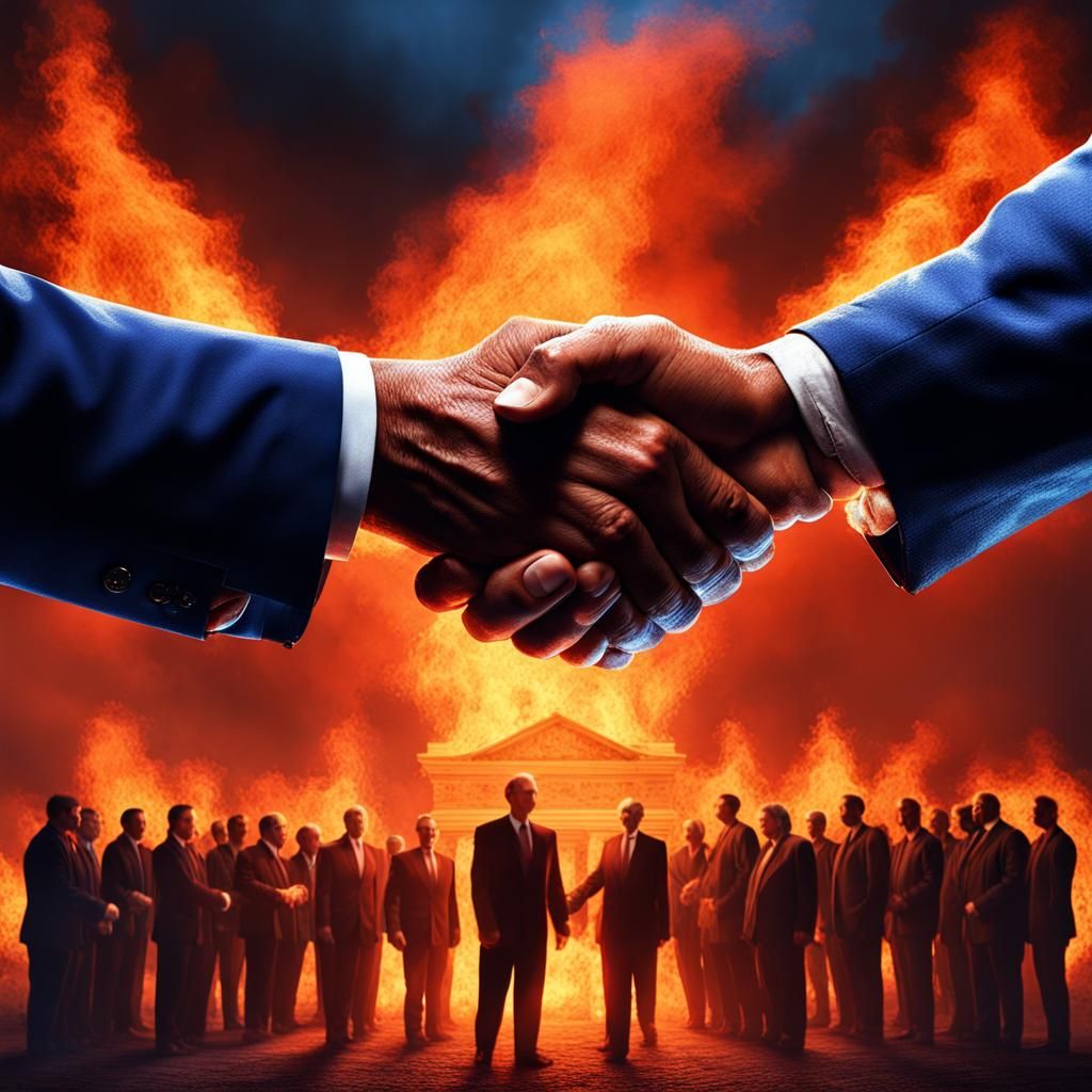 Politicians Shake Hands Amidst Fire in Chiaroscuro