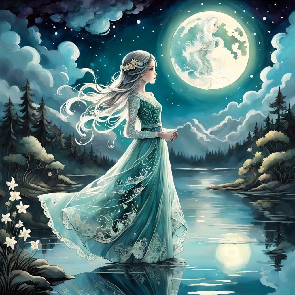 Dreamy Moonlit Goddess in Whimsical Silhouette