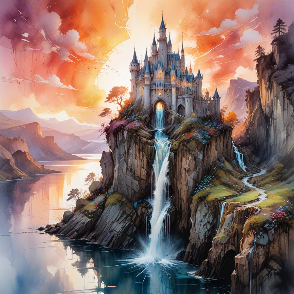 Ethereal Sunset Castle Amidst Whimsical Waterfall Wonderland