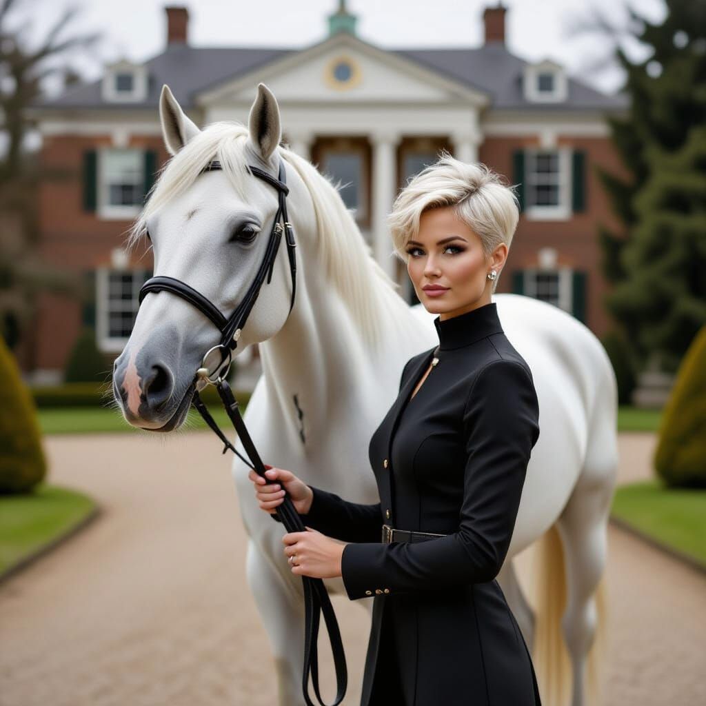 Elegant Woman Holds White Horse at English Estate