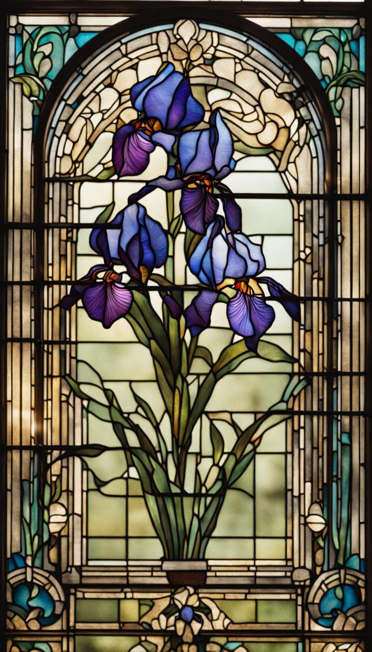 Vibrant Stained Glass Window with Irises in Art Nouveau Styl...