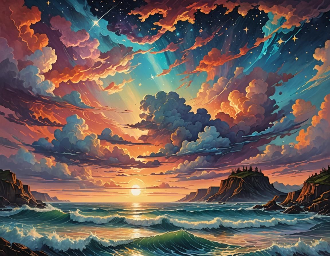 Sunset Ocean Oil Painting in Ethereal Synthwave Style