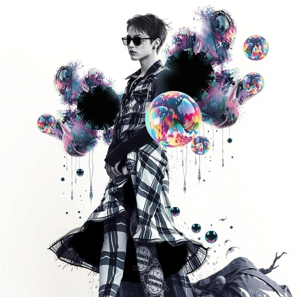 picture a lone   punk plaid clad goth guy, standing knee-dee...