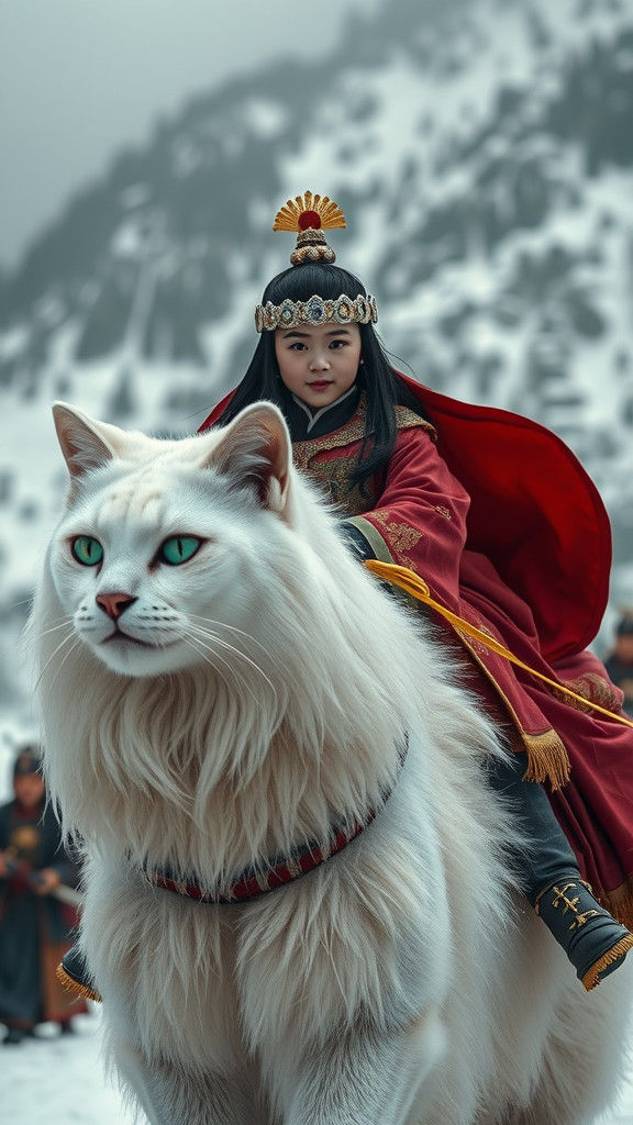 Girl in Hanfu Riding Giant Cat in China