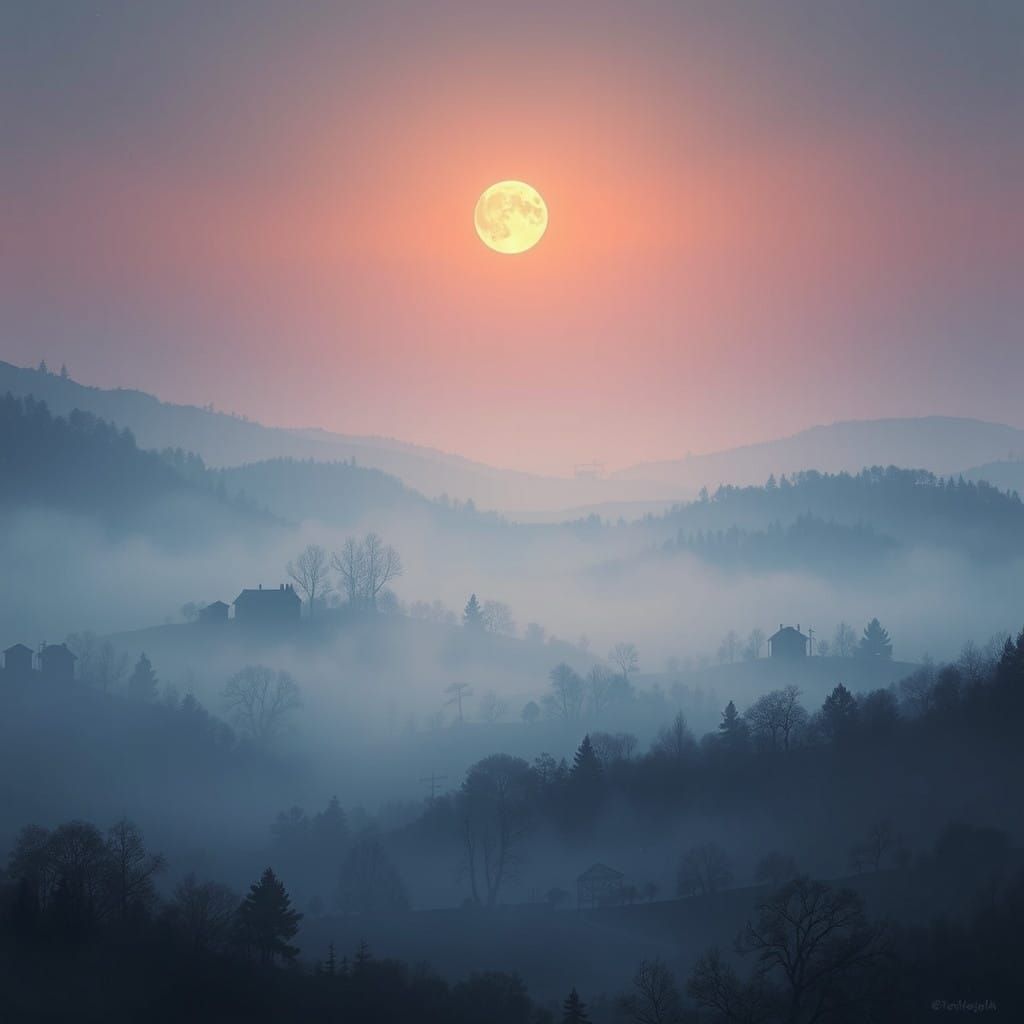 Ethereal Slumber: Softly Lit Misty Landscape under Moonlit S...