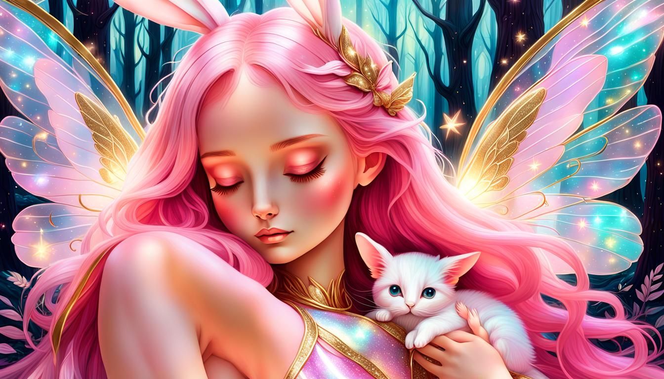 Fairy with Bunny in Enchanted Forest Illustration