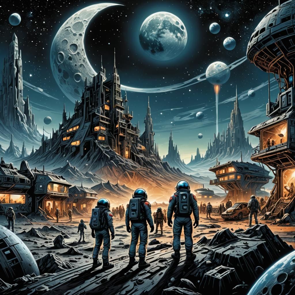 An imagination city of human and aliens on the moon