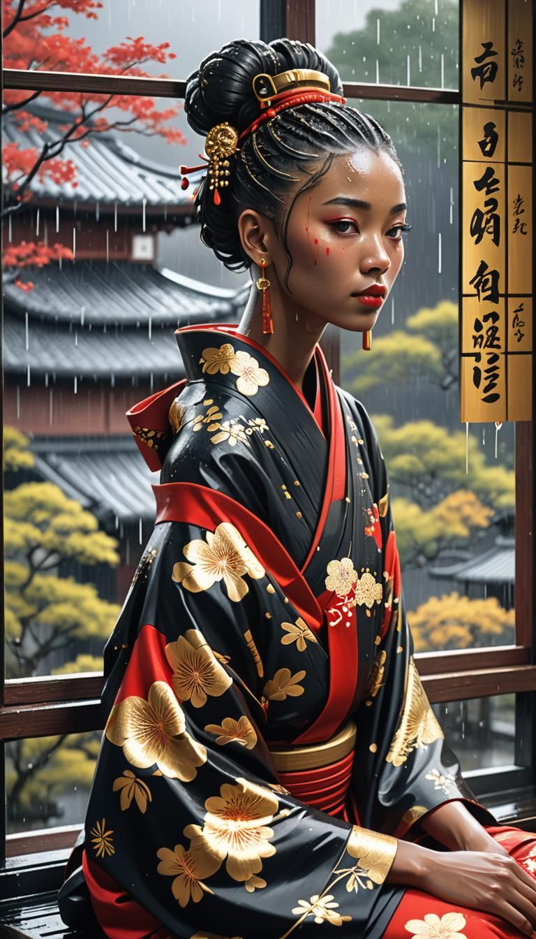 Rain-Soaked Kimono: Japanese Woodcut Style Image