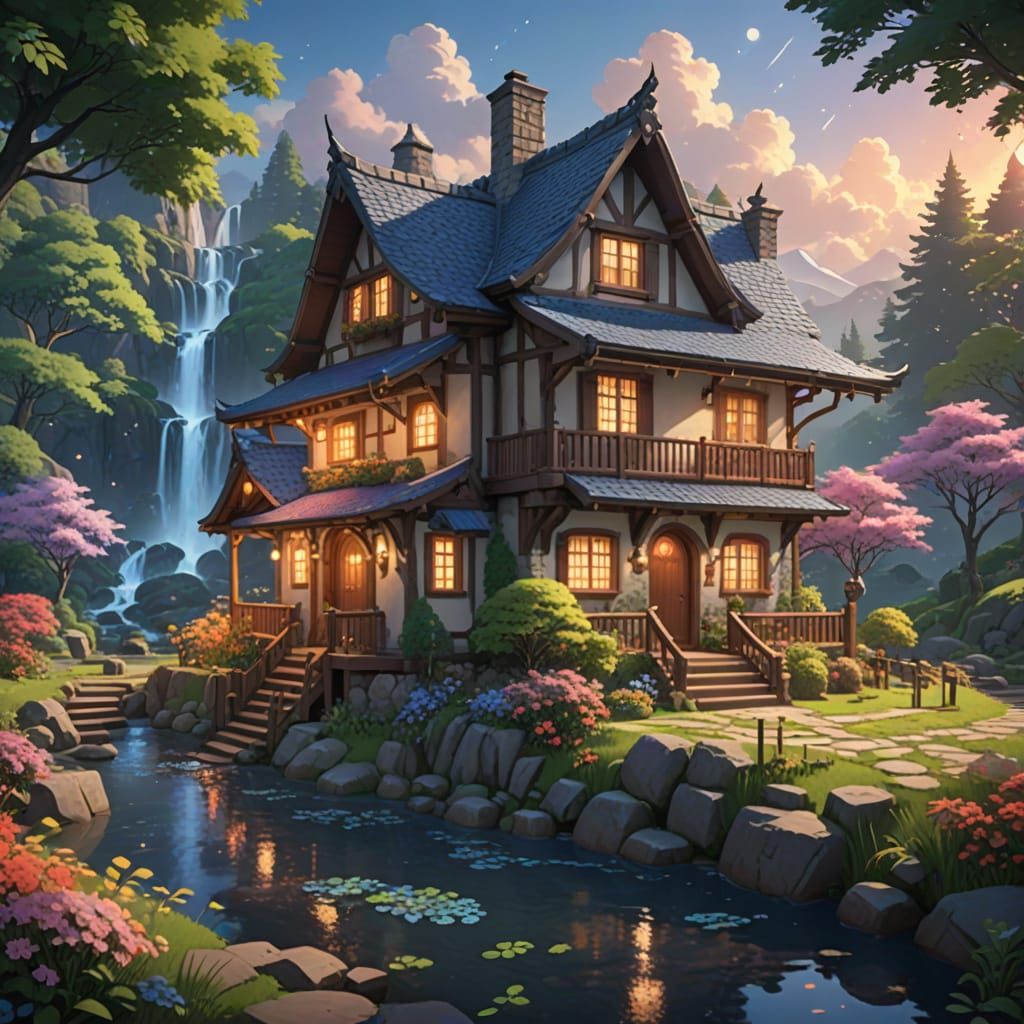 Enchanted Cottage Beside Glowing Waterfall: 3D Anime Art