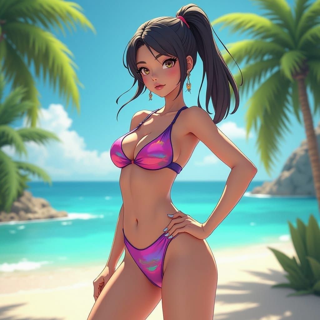 Anime Style 3D Rendering of Woman in Swimsuit