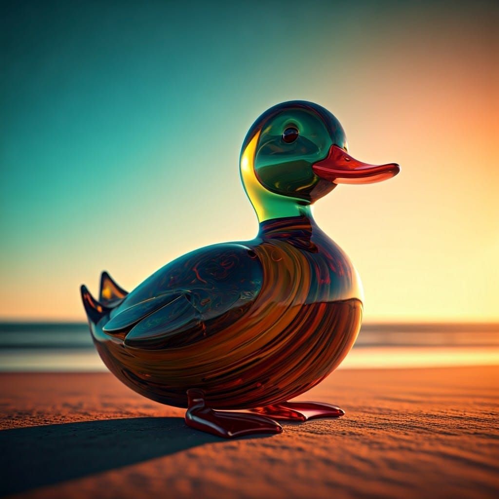 Vibrant Glass Duck Shines on Sunset Beach