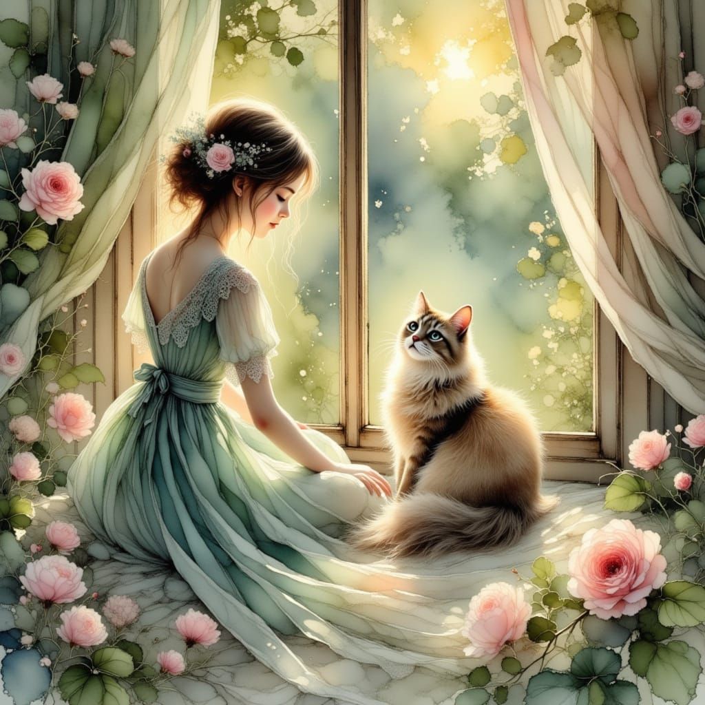 <lora:Light and Lace-Flux:1.0>
<lora:Alcohol Ink Splash:1.0> Dreams are woven in petals and lace, and a cat’s quiet purr...