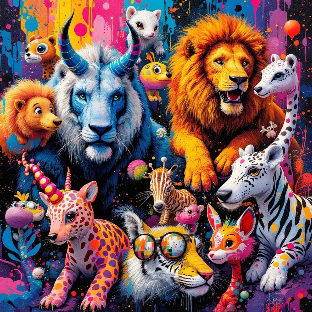Kaleidoscopic Zoo with Vibrant Animals in Oil Gouache