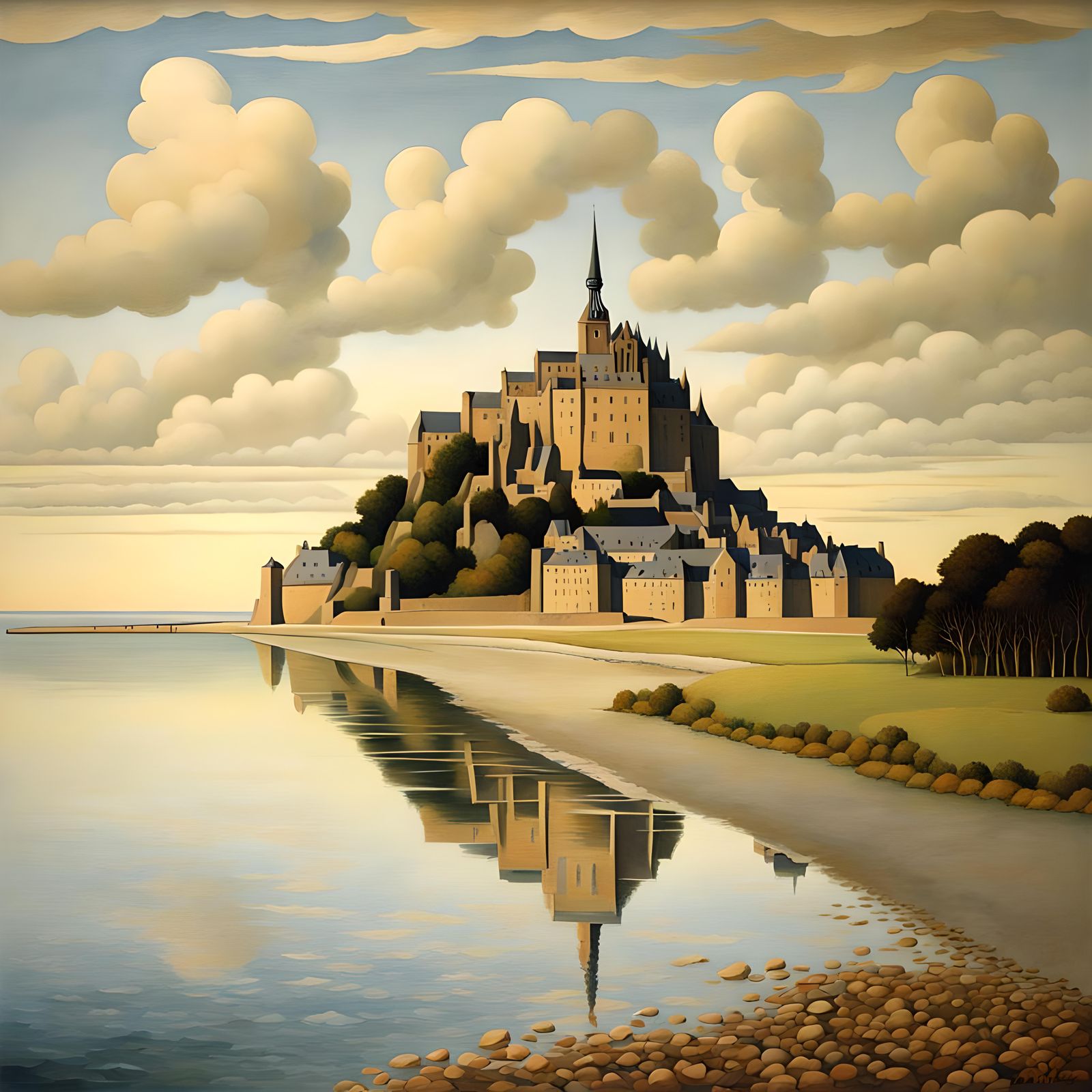 Mont Saint Michel in Grant Wood Style
