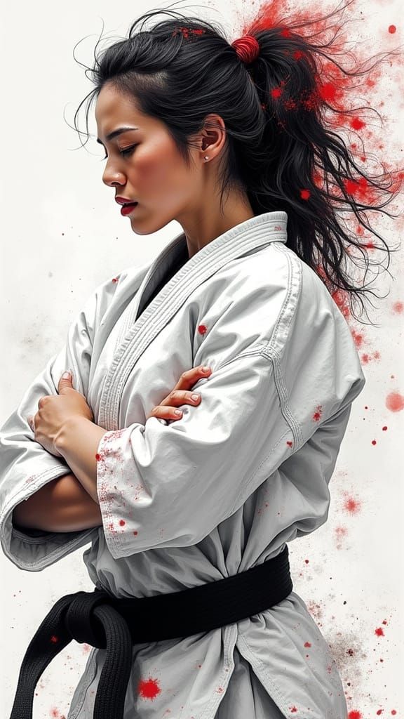 Powerful Female Judo Athlete in Abstract Brushstrokes