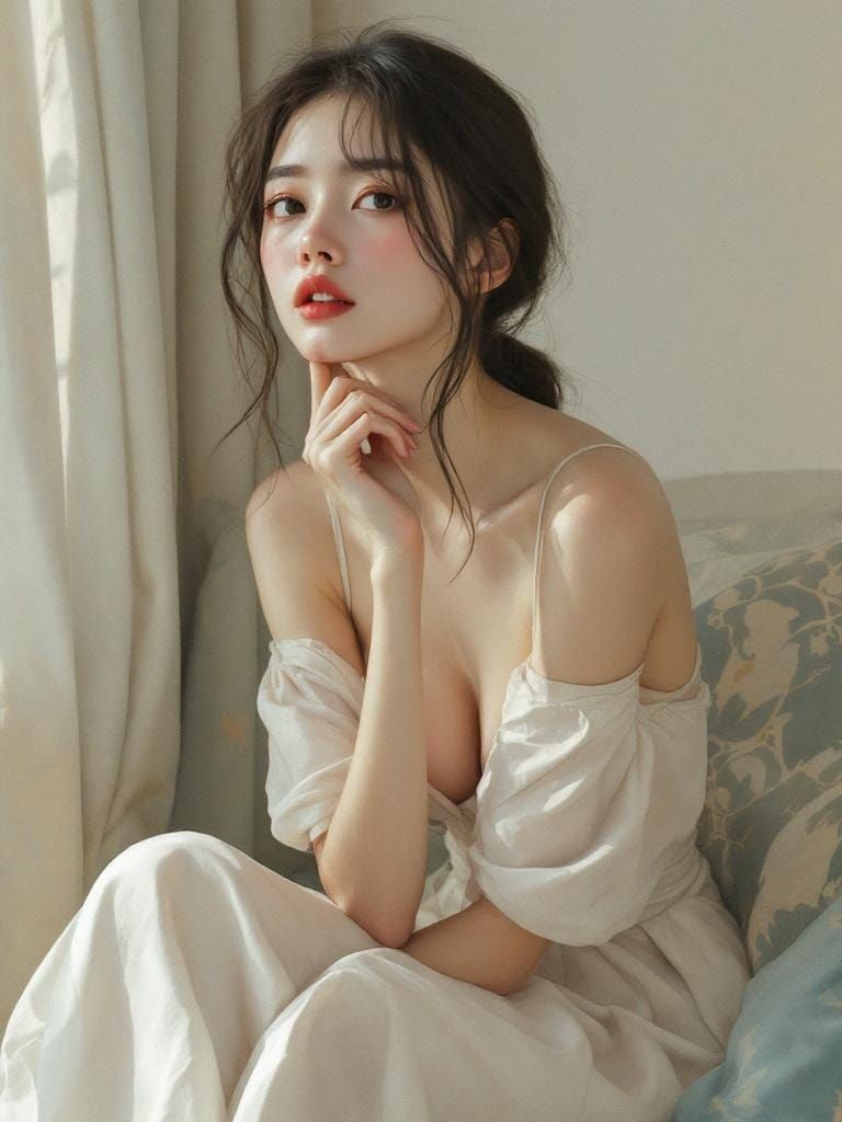 Contemplative Woman Portrait in Korean Art Style