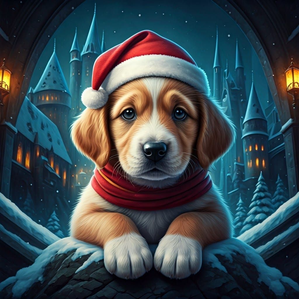 Majestic Hogwarts Puppy in Winter Wonderland Scene as Matte....