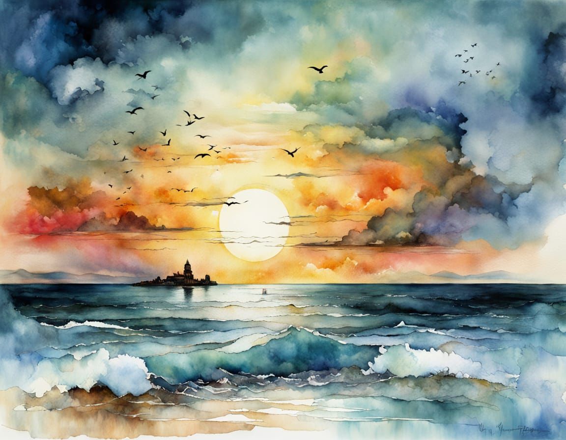 Serene Sunrise Over Calm Sea, Watercolor and Alcohol Ink