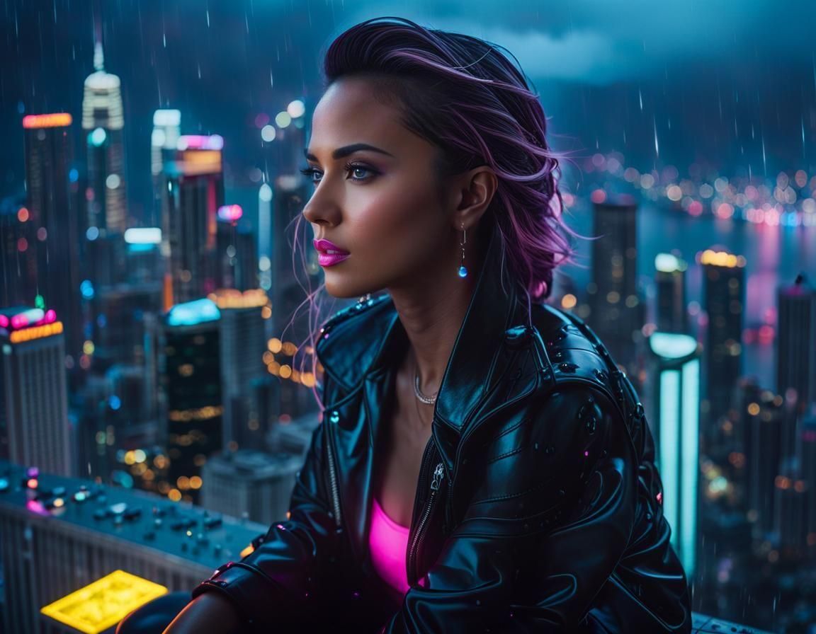 Woman Overlooking City in Rainy Hyperrealism