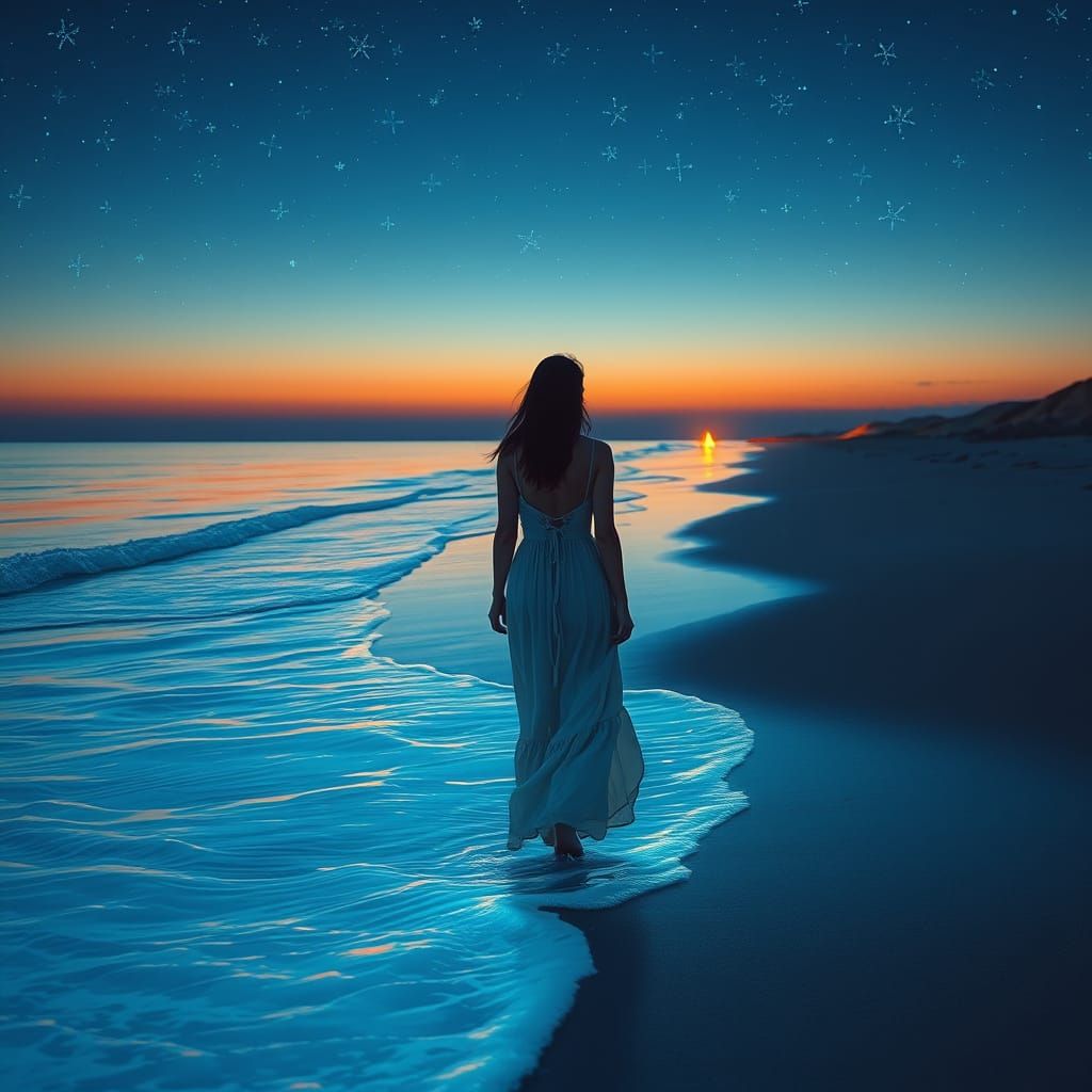 Bioluminescent Sunset Beach Walk in Dreamy Style