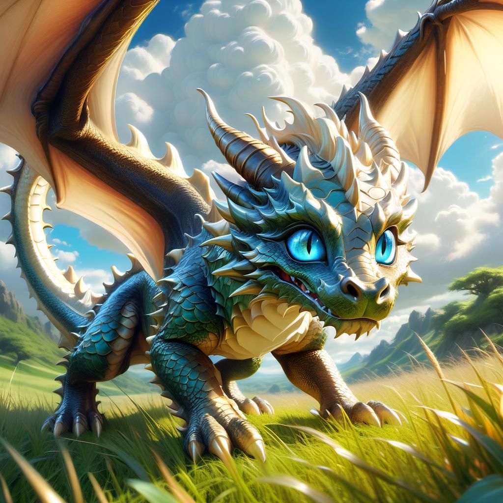 Adorable Dragon Digging in Sunny Field, Anime Style