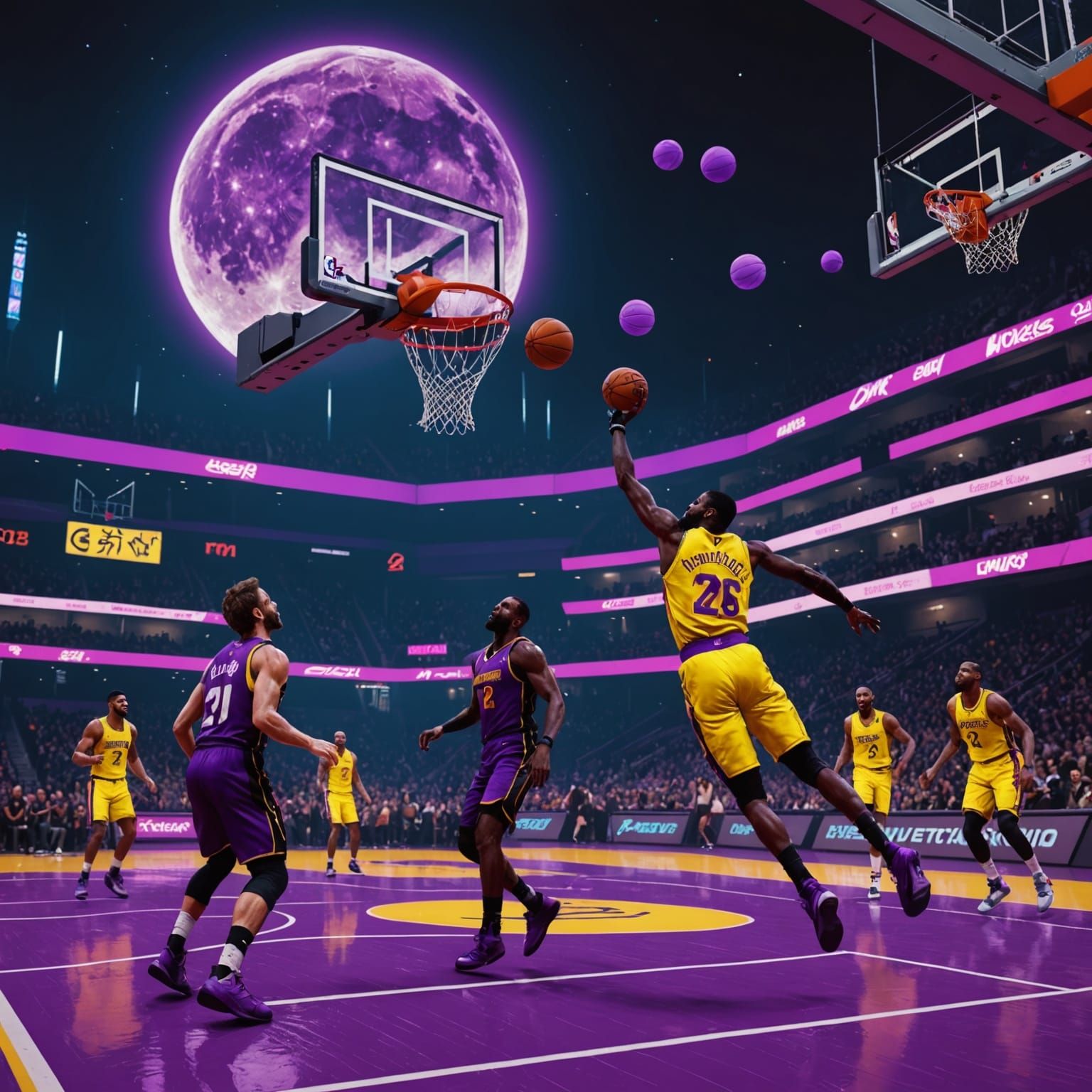Dunking purple basketballs on a court on the Moon