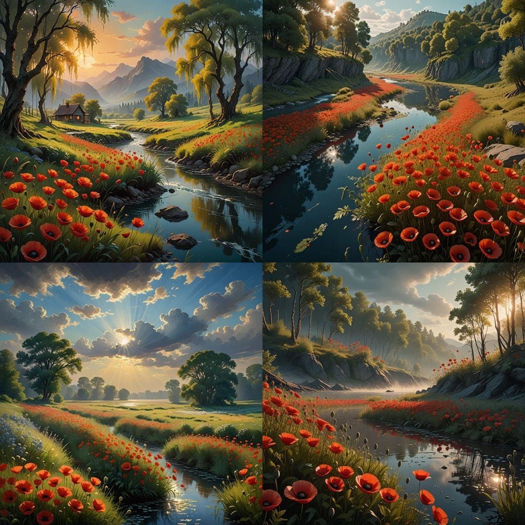 Stunning Riverbank Poppies in Epic Digital Art