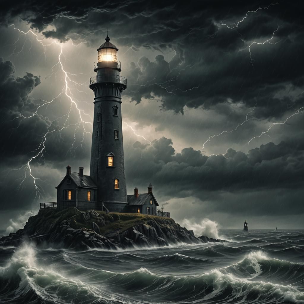 Stormy Gothic Lighthouse Amidst Ominous Sea