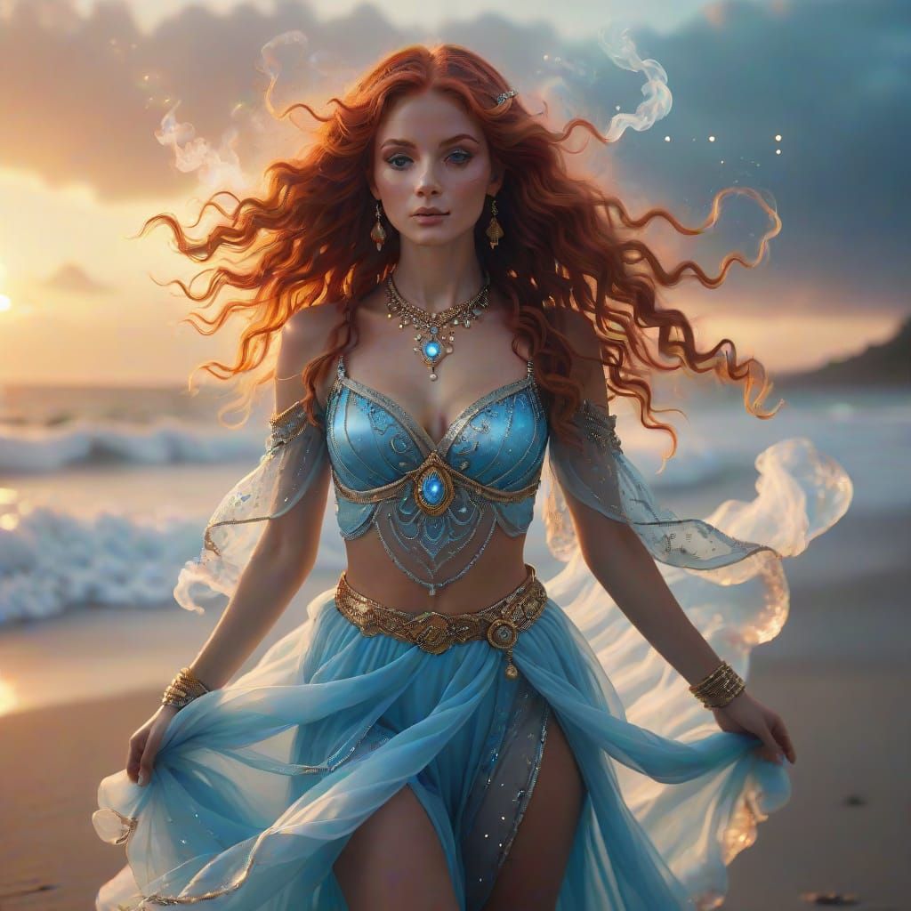Beautiful Red-Haired Genie on a Sunset Beach
