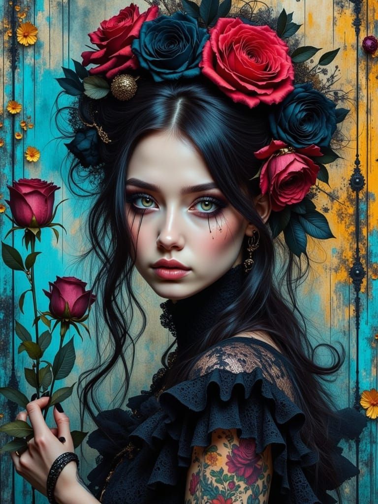 Colorful Gothcore Portrait of Ethereal Young Woman