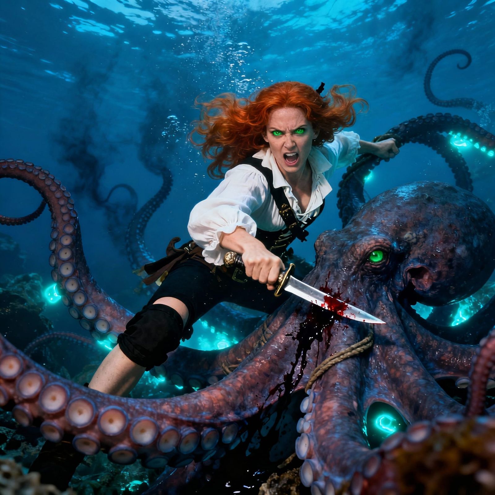 Ginger Pirate Battles Colossal Octopus Underwater