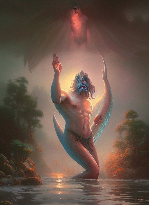 Sinister Feral Merman in Ethereal Fantasy Style