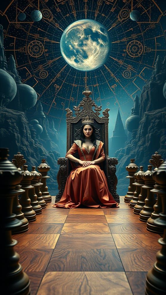 Regal Woman in Hyper-Realistic Chessboard Universe