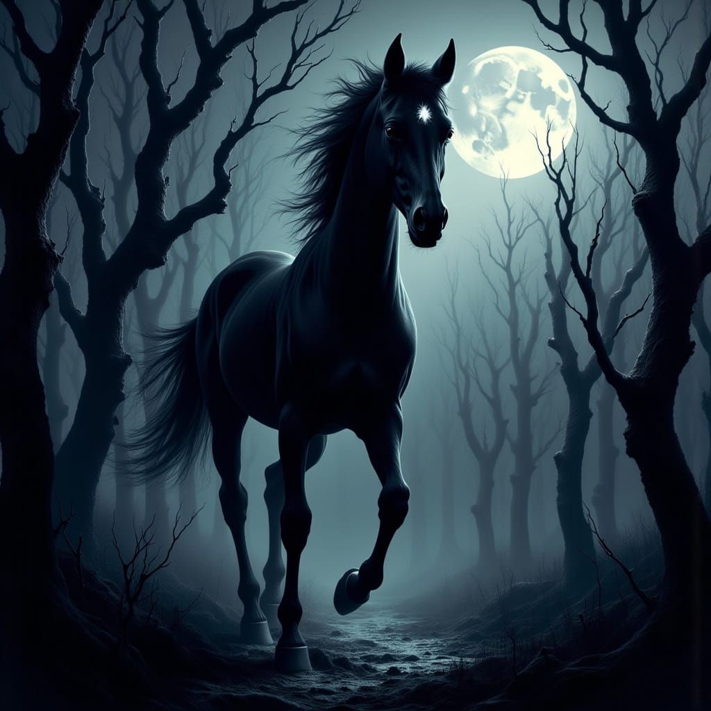 Gothic Fantasy Black Colt in Haunting Landscape