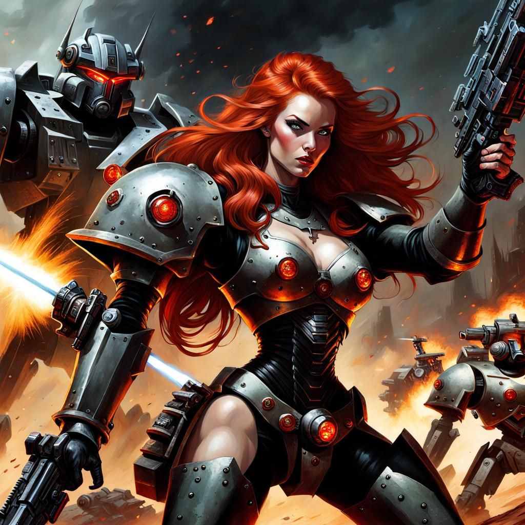 Redhead Warrior Versus Battlemech in Grimdark Style
