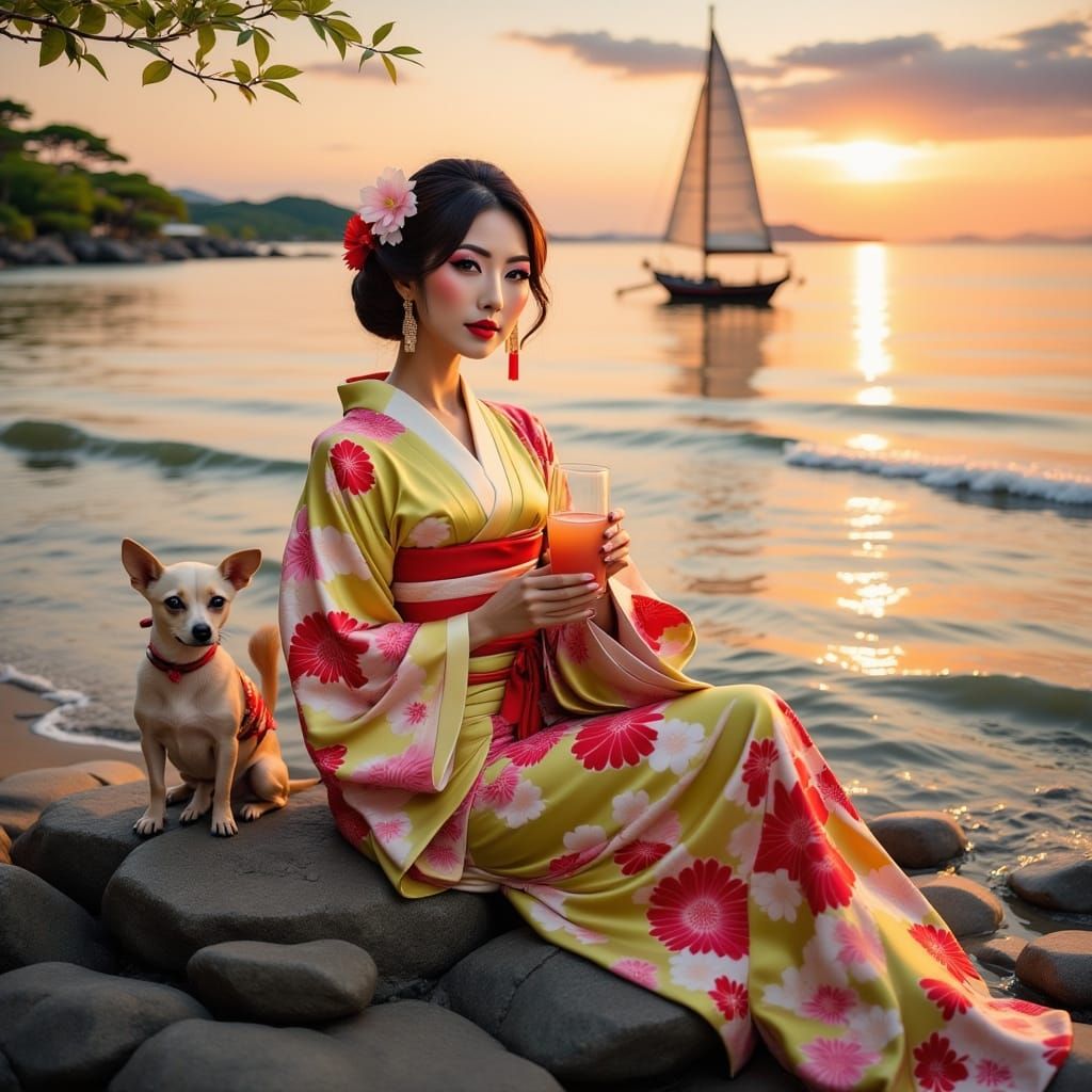 Sunset Beach Scene with Geisha Kimono