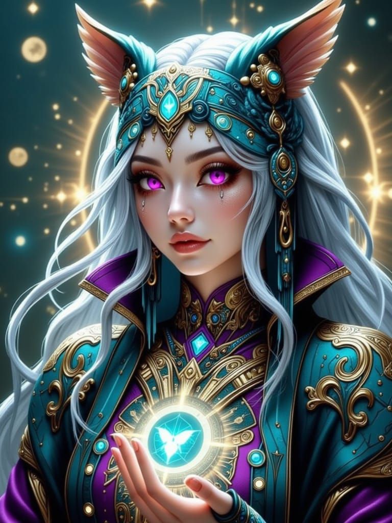 Animated mature female Goddess Urd, light brown skin Asian with long white hair, small purple inverted triangle shaped t...