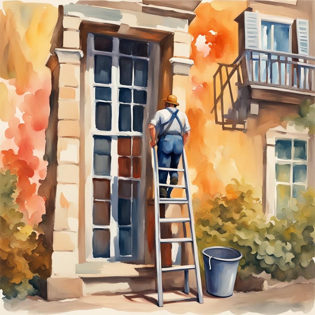 Window Cleaner with Ladder in Gouache Style