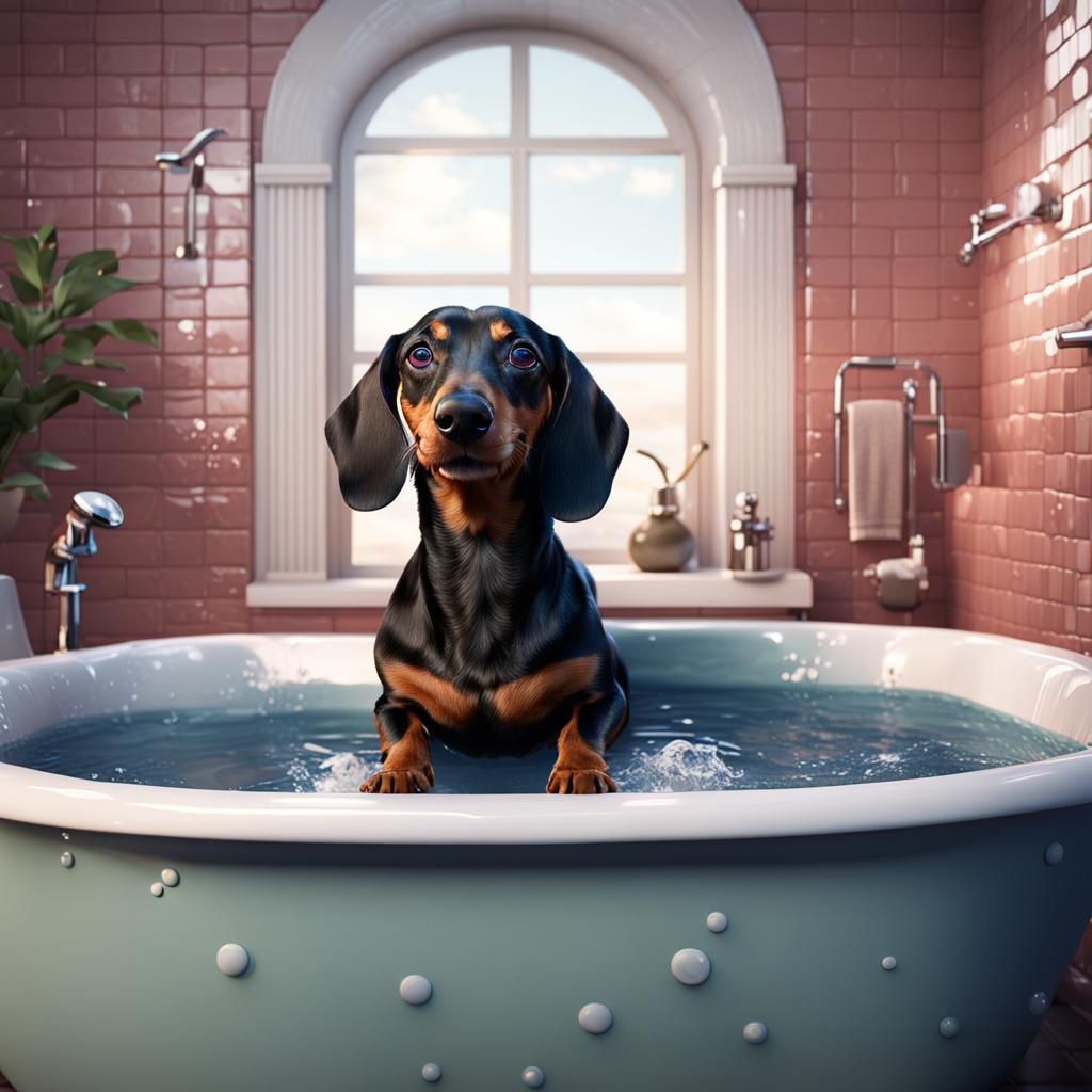 Dachshund Bathtime: A Photorealistic Digital Painting