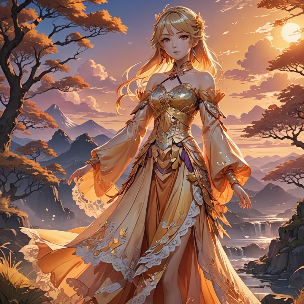 Sunset Dress in Anime Landscape: Digital Art