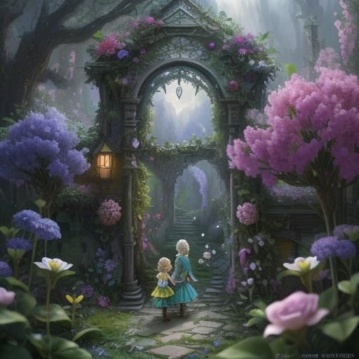 Elf and fairy  playing in Secret flower garden