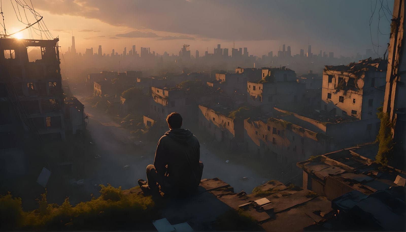 Cyberpunk Landscape with Young Man at Sunset