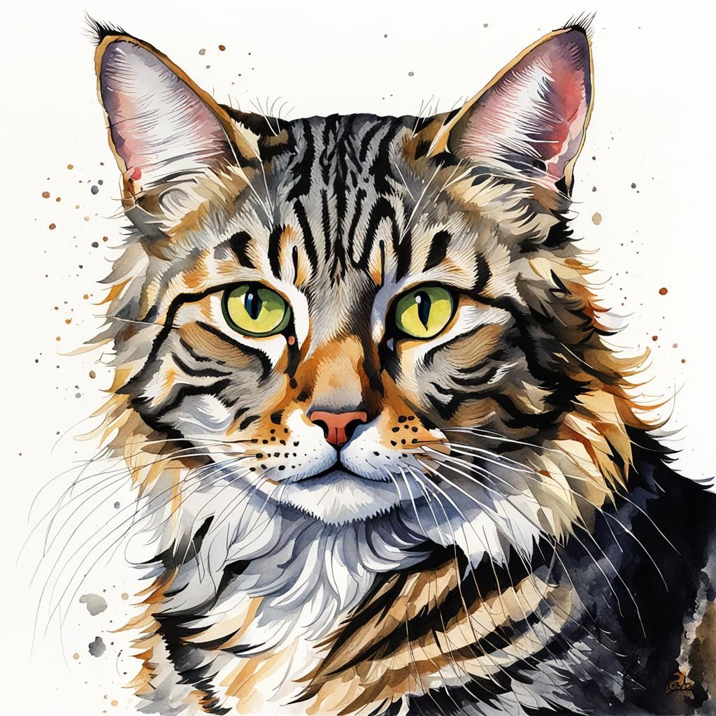 Tabby Cat in Watercolor, Dürer Style